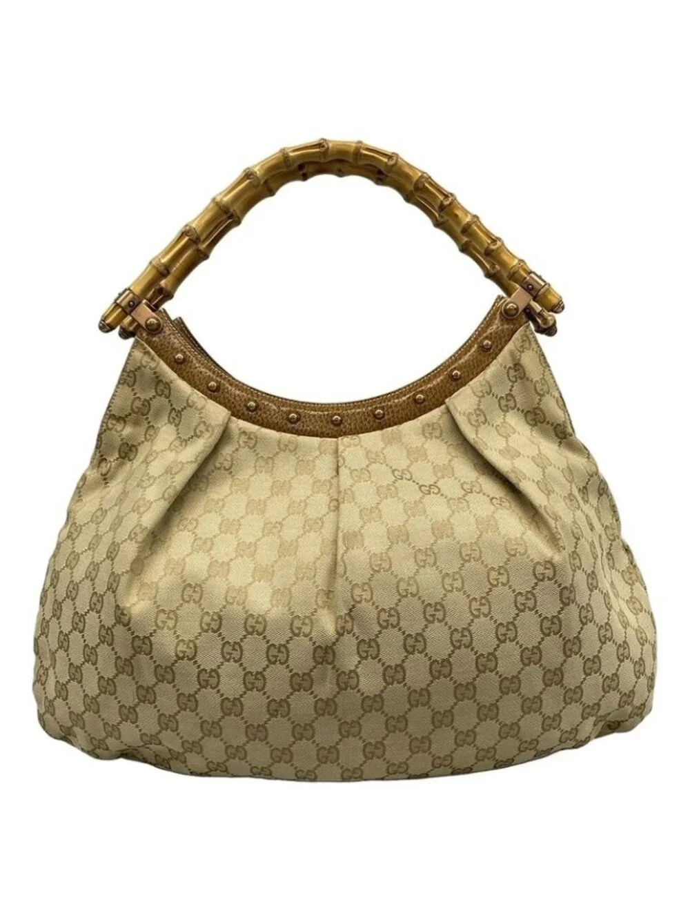 ★SOLD★ Gucci Shoulder Bag Bamboo GG Pattern Beige Brown Studs Leather - Picture 1 of 15